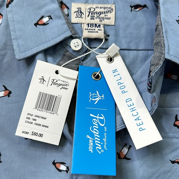 ORIGINAL PENGUIN Button-down long sleeve shirt Faded denim w penguins Sz 18m NWT - Picture 4 of 11